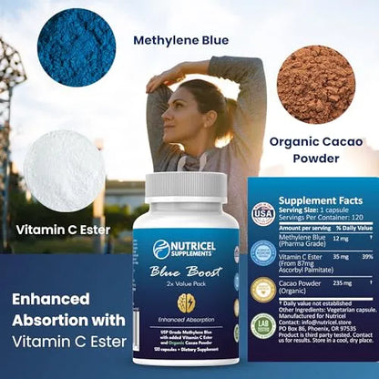Nutriciel Supplements Blue Boost bottle with ingredients and supplement facts displayed.
