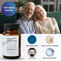 Supplement bottle with ingredients and benefits displayed, featuring an elderly couple.