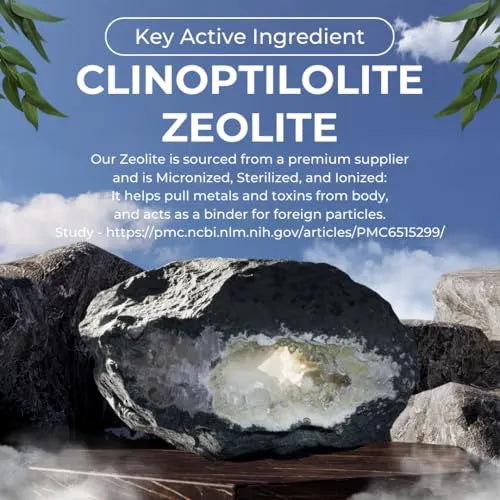 Clinoptilolite zeolite with text about its properties and benefits on a natural background.