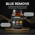 Nutriclel Blue Remove supplement bottle with branding and product details on a dark background