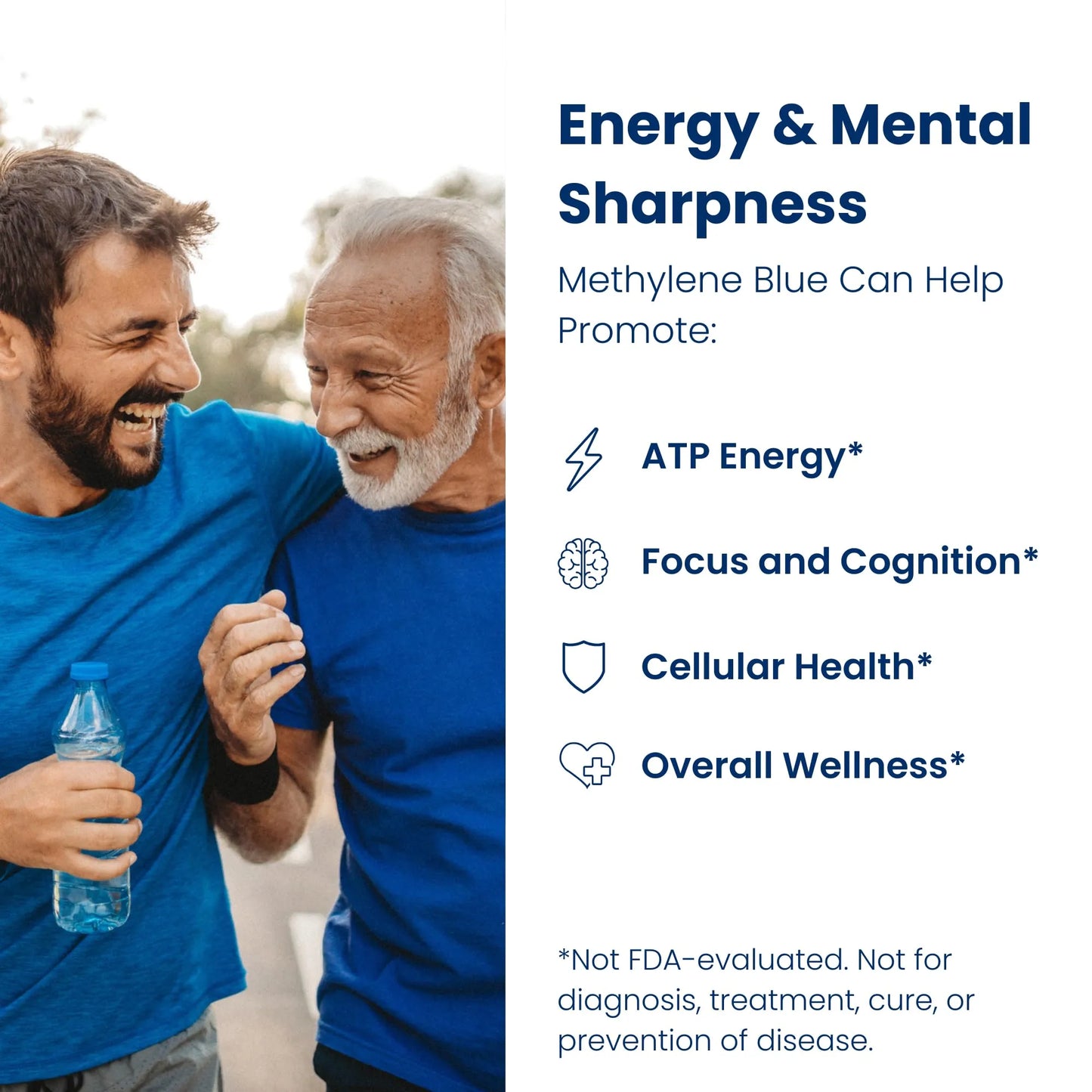 Two men in blue shirts smiling outdoors with text about Methylene Blue's benefits.