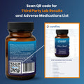 Brown supplement bottle with blue label and QR code, Eurofins logo on a blue background