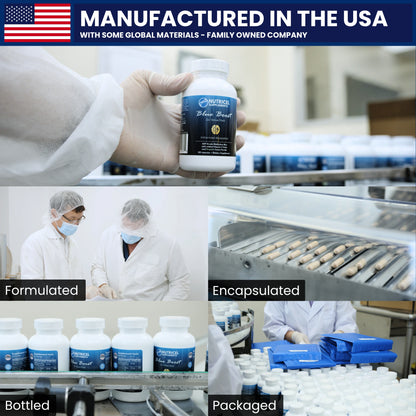 Manufacturing process of a supplement product with labeled steps and a USA flag.