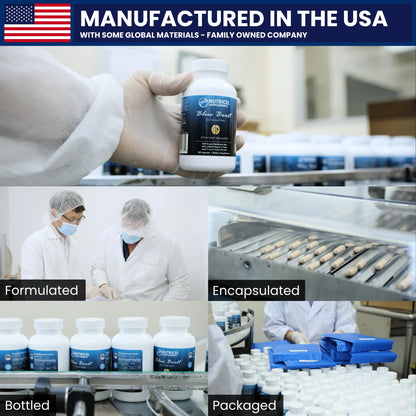 Collage of a pharmaceutical manufacturing process with text indicating 'Manufactured in the USA' and 'Family Owned Company'.