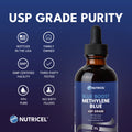 Nutricel Methylene Blue 1% Solution USP-grade purity badges — bottled in USA, family-owned, GMP-certified facility, third-party tested, 99% pure, no dirty fillers
