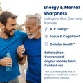 Two men in blue shirts outdoors with text about Methylene Blue's benefits for energy and mental sharpness.