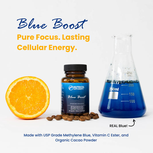 Blue Boost supplement bottle with an orange, coffee beans, and a beaker of blue liquid on a white background.