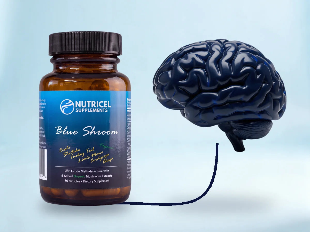 A Blue Shroom bottle connected to a brain