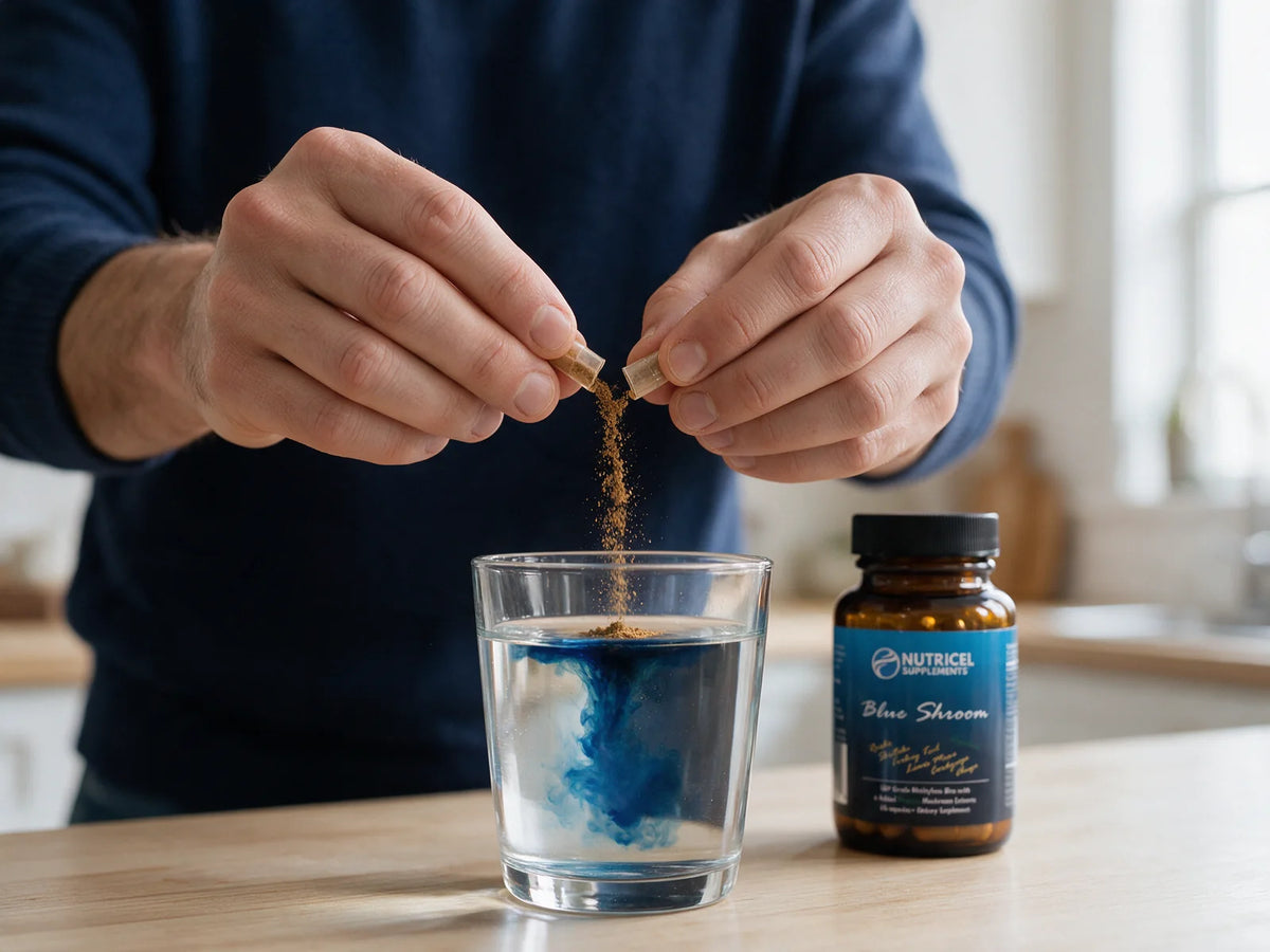A capsule opened into a glass of water, the water turning blue, with a bottle of Blue Shroom beside the glass