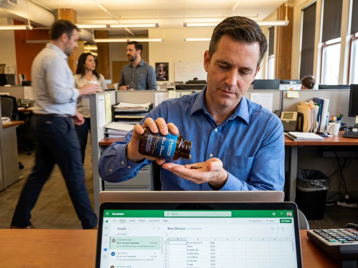 A man in a busy office tipping a Blue Shroom capsule into his hand