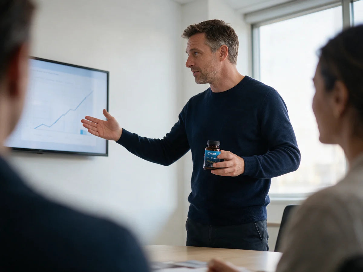A man presenting to colleagues late in the afternoon, a bottle of Blue Shroom in his hand