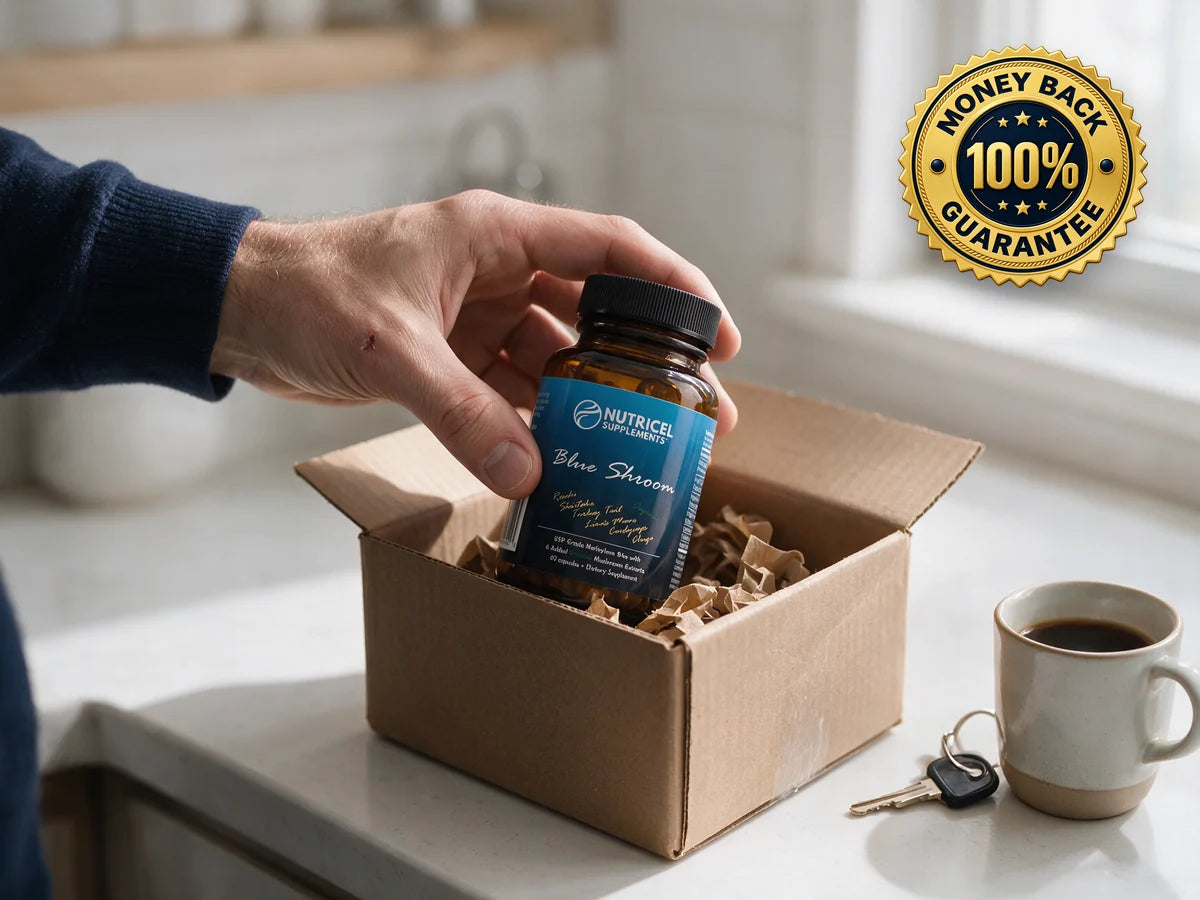 Hands lifting a bottle of Blue Shroom out of its shipping box, with the 100% money back guarantee seal