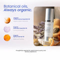 A skincare ad-style graphic featuring a bottle of Nutricel Cosmetics 24K-Oil EMU OIL SERUM on the right, surrounded by botanical and oil-slice props. The left side includes text reading 'Botanical oils, Always organic' and three ingredient callouts: Organic Frankincense Essential Oil, Organic Lavender Essential Oil, and Organic Apricot Kernel Oil.