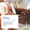 A person in a white robe reaches into a brown leather handbag and pulls out a cylindrical skincare bottle labeled Nutricell Glow Hydrating Serum. A white text box overlays the lower left with the headline 'Glow on the go.