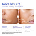 A skincare results graphic showing a before-and-after close-up of a person's cheek, labeled 'Bare skin' and 'After Application,' with text describing radiant, healthy-looking skin and smooth, weightless finish.
