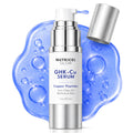 Nutricel Glow GHK-Cu Serum in a silver pump bottle with a white label, shown with its cap off and a blue gel smear behind it on a white background.