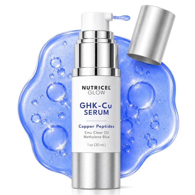 Nutricel Glow GHK-Cu Serum in a silver pump bottle with a white label, shown with its cap off and a blue gel smear behind it on a white background.